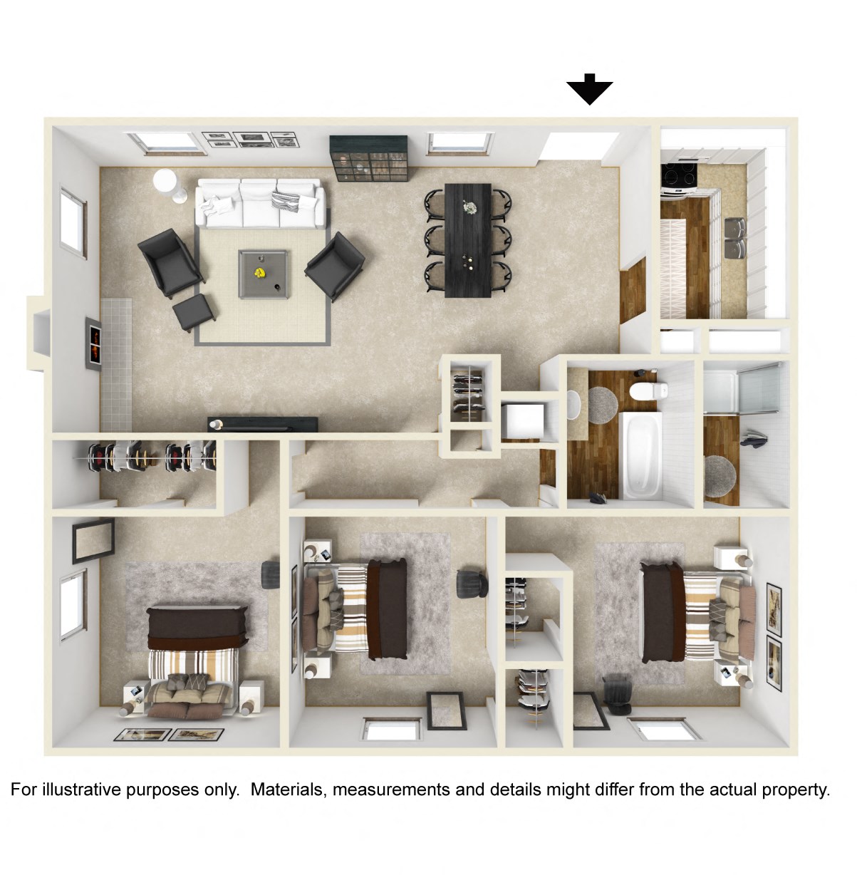 Floor plan for 3 beds, 2 baths, 1408 sqft